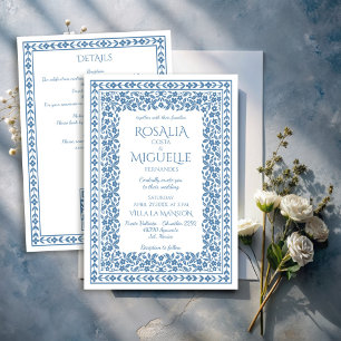 Convites Casamento de fronteira floral com vintage azul Dus
