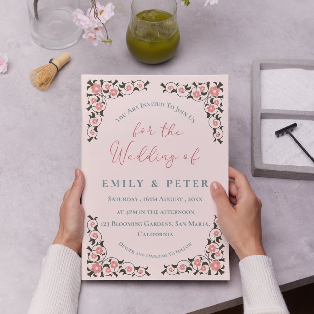 Convites Casamento de Fronteira Floral de Moldura Inspirada (Oriental Inspired Frame Floral Border Wedding Invitation)