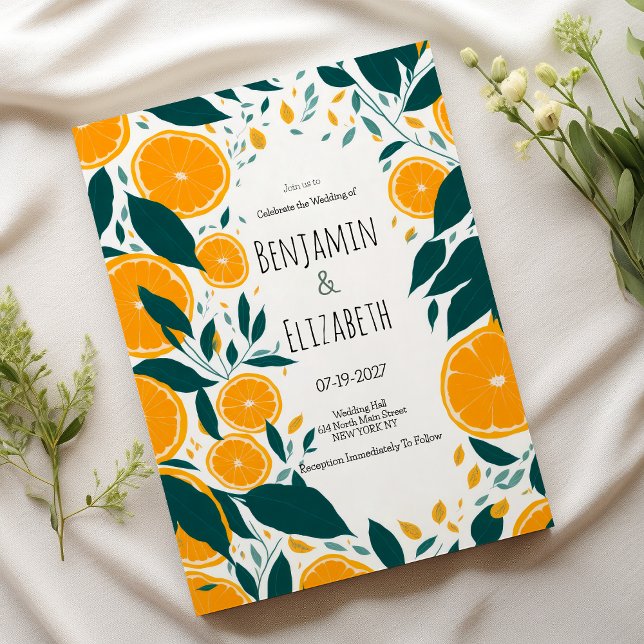 Convites Casamento de fruta de laranja verde-escuro botânic (Botanical dark green citrus orange fruit Wedding)
