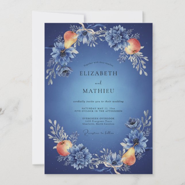 Convites Casamento de Fruta Eucalipto Azul Cobalto Pêssego (Frente)