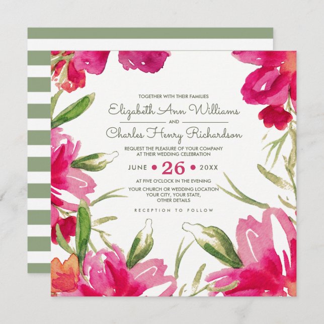 Convites Casamento de Fuchsia Green Floral Watercolor (Frente/Verso)