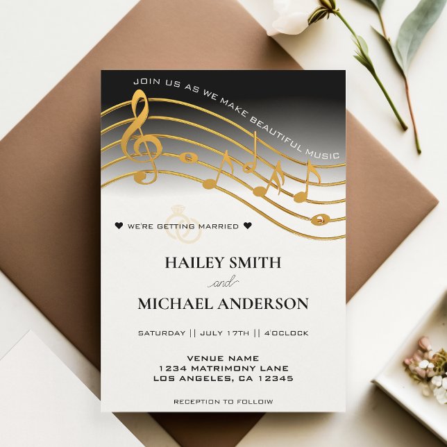 Convites Casamento de Funcionarios de Música de Ombre Preto (Black White & Gold Ombre Music Staff Wedding Invitation)