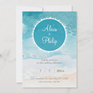 Convites Casamento de fundo com praia, Ocean Watercolor