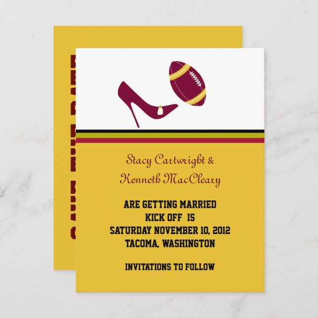 Convites Casamento de Futebol Maroon & Yellow Salve a Data (Frente/Verso)