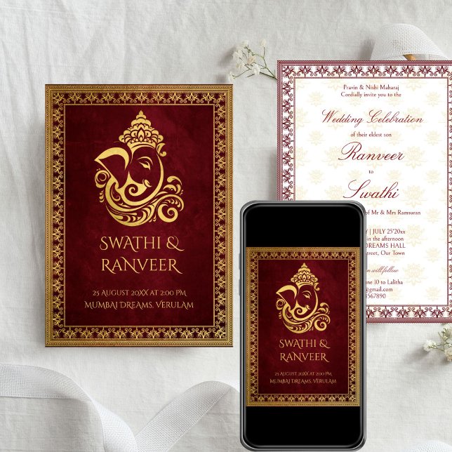 Convites Casamento de Ganesha Maroon e de ouro, Índia (Ganesha maroon and gold elegant traditional Indian wedding Invitation cards with RSVP template)