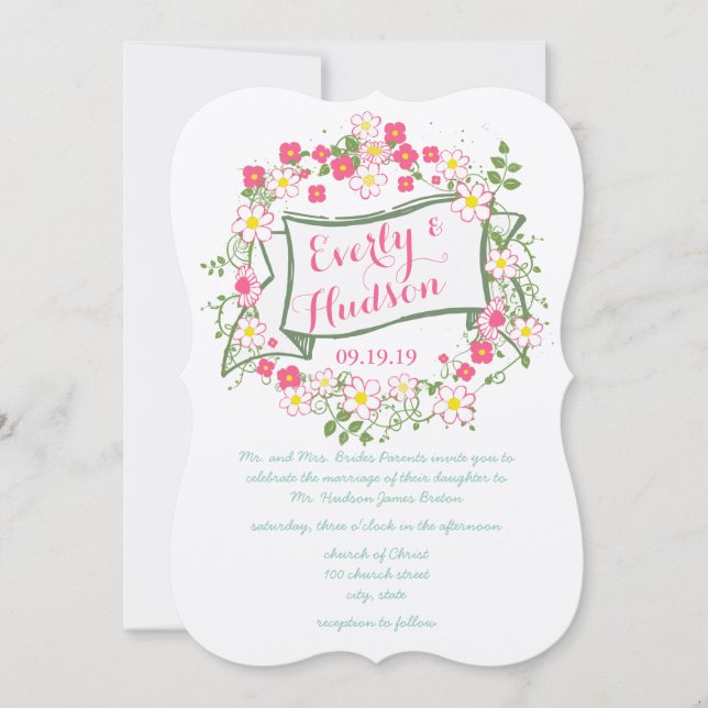 Convites Casamento de Garland Verde e Rosa Personalizado (Frente)