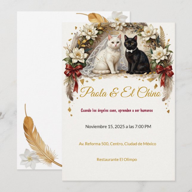 Convites Casamento de Gato Anjo Caído Viral (Frente/Verso)