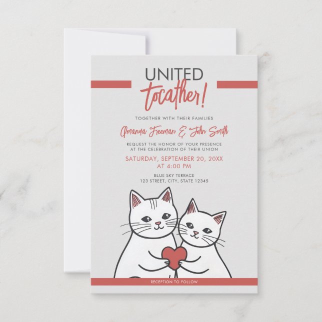 Convites Casamento de Gatos Brancos Brancos e Vermelhos (Frente)