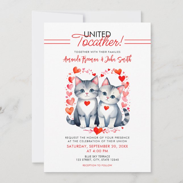Convites Casamento de Gatos Brancos e Vermelhos com Aquarel (Frente)
