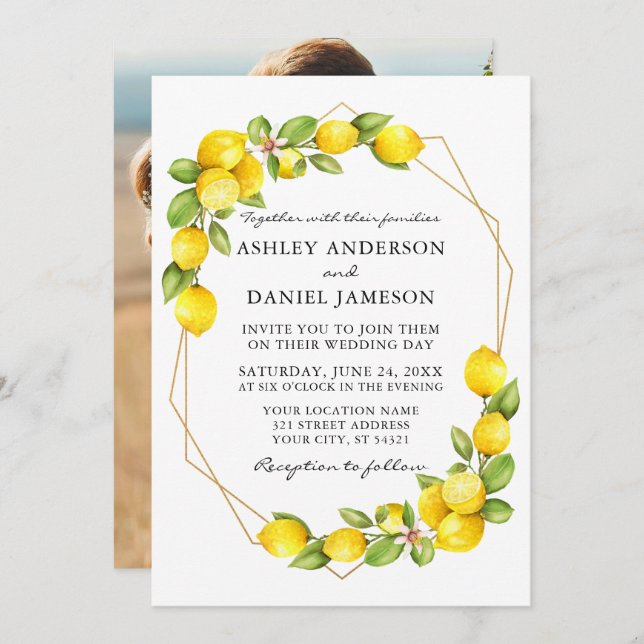 Convites Casamento de Geo Geo Foto Greenery com Limões de A (Frente/Verso)