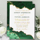 Convites Casamento de Geode Dourado Marble Verde de Waterco<br><div class="desc">Cartão de Convite para Casamento de Geodo de Águas Elegante Moderno Elegante Emerald Verde e Dourado Marble Agate - Fundo Branco com Script Dourado</div>
