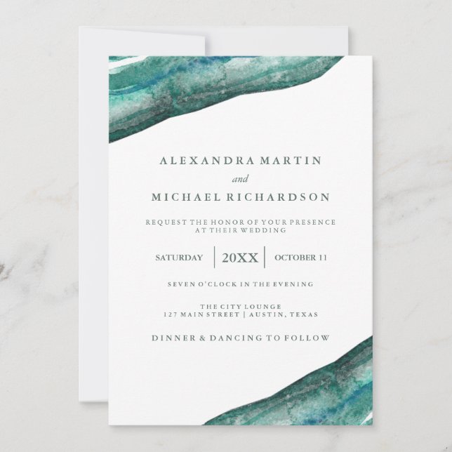 Convites Casamento de Geodo de Teal Watercolor (Frente)