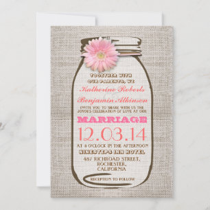 Convites Casamento de gerbera rosa-rosa com mason jar-burla