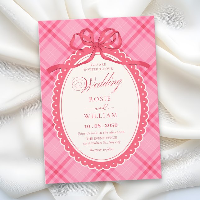 Convites Casamento de gingão com laço rosa (Criador carregado)
