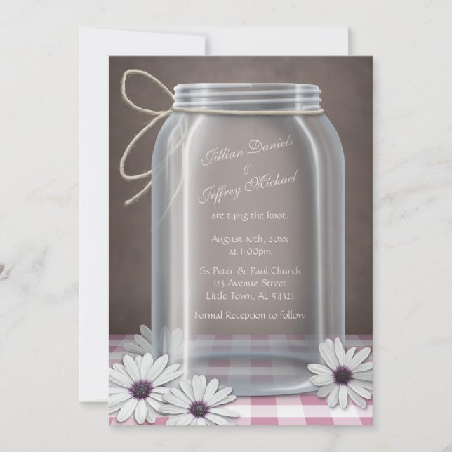 Convites Casamento de Gingham Rosa-Rosa-Rosa Mason Jar Dais (Frente)