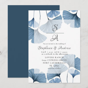Convites Casamento de Gingko Azul Botânico Moderno