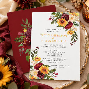 Convites Casamento de Girassóis Amarelos Florais Borgonha R