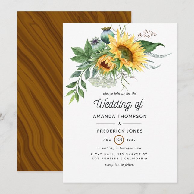 Convites Casamento de Girassóis Boêmios Rústicos em Aquarel (Frente/Verso)
