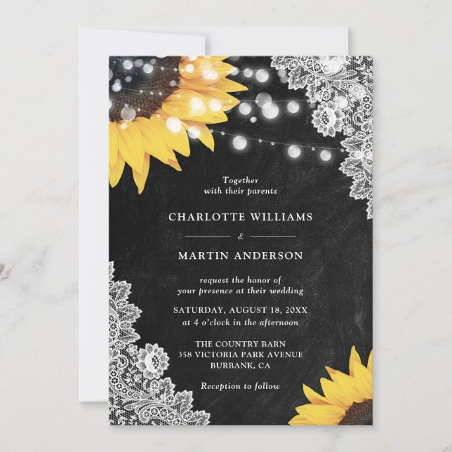 Convites Casamento de Girassóis com Quadro Negro Rústico em (Frente)