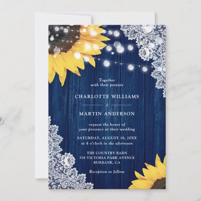 Convites Casamento de Girassóis com Renda de Madeira Azul N (Frente)