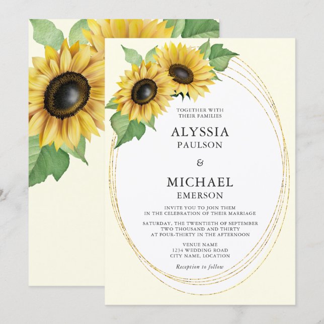Convites Casamento de Girassóis Elegante e Simples (Frente/Verso)