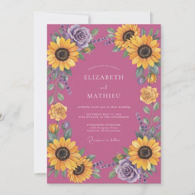 Convites Casamento de Girassóis Eucalipto Magenta (Frente)
