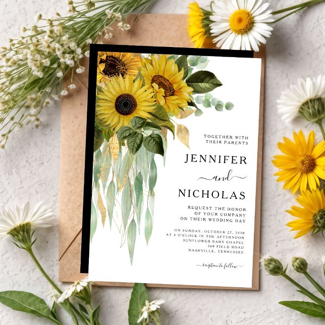 Convites Casamento de Girassóis Preto e Branco Moderno    (Modern Black And White Sunflower Wedding Invitation)