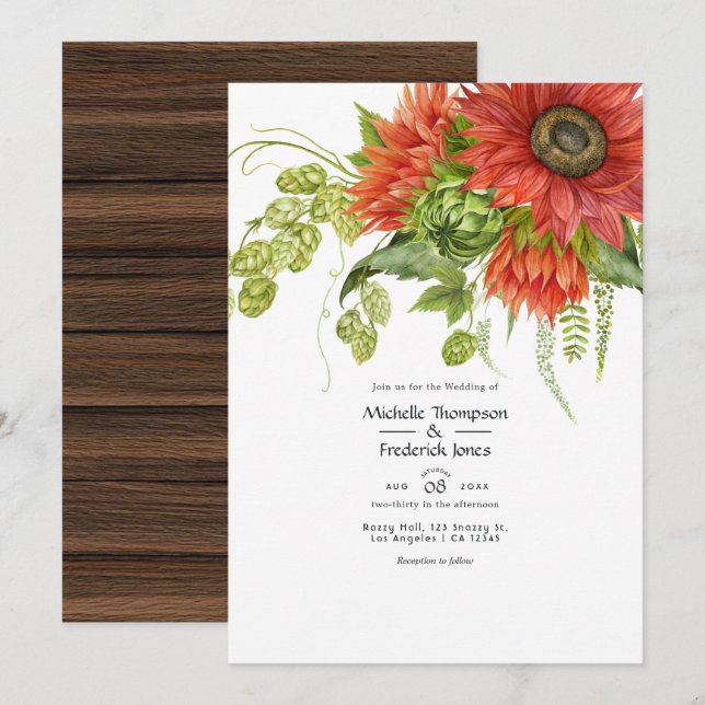 Convites Casamento de Girassóis Vermelhos Rústicos Boêmios  (Frente/Verso)