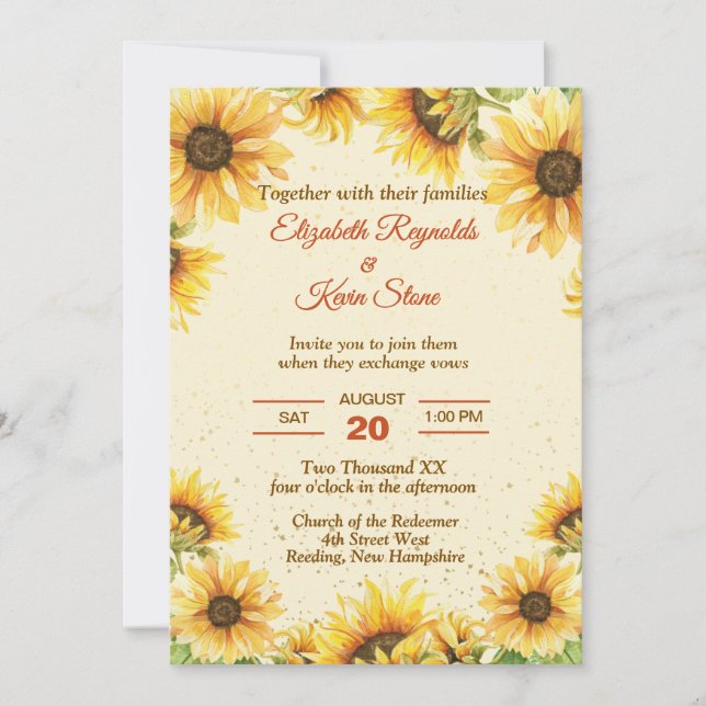 Convites Casamento de Girassol Amarelo e Marrom Rústico (Frente)