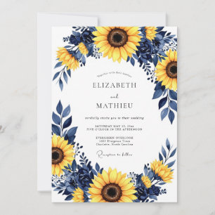Convites Casamento de Girassol Amarelo Ousado Azul Marinho