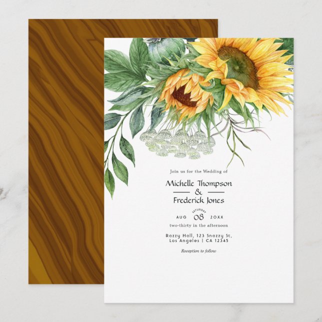 Convites Casamento de Girassol Boêmio Rústico em Aquarela (Frente/Verso)