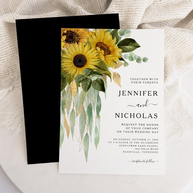 Convites Casamento De Girassol Branco E Preto Moderno (Modern Black And White Sunflower Wedding Invitation)