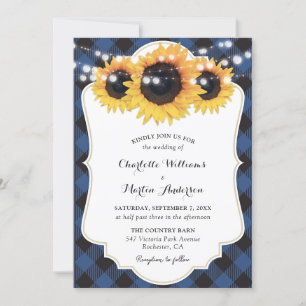 Convites Casamento de Girassol com Xadrez de Búfalo Azul