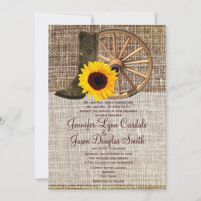 Convites Casamento De Girassol De Cowboy De Burlap Boots (Frente)