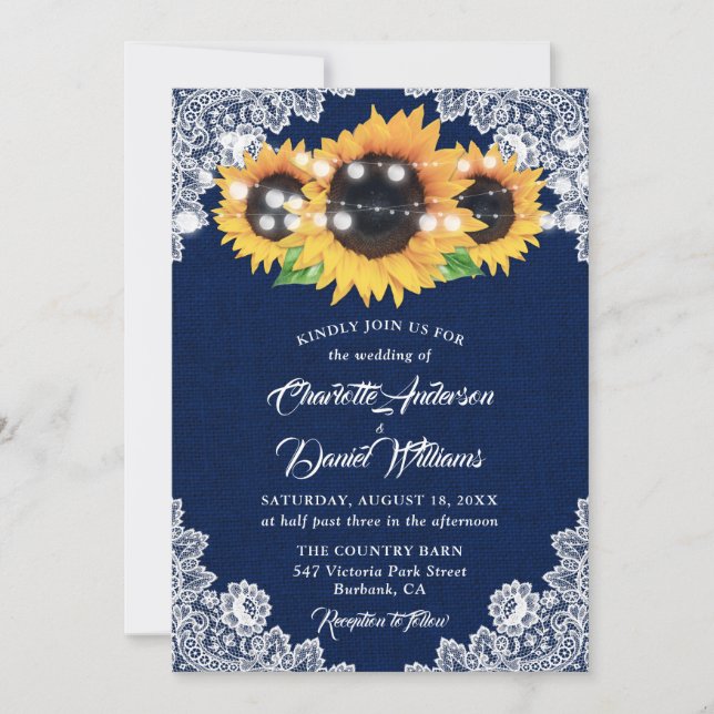 Convites Casamento de Girassol de Lona Azul Marinho Rústico (Frente)