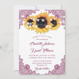 Convites Casamento de Girassol de Renda Floral Rosa Rústica