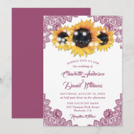 Convites Casamento de Girassol de Renda Floral Rosa Rústica