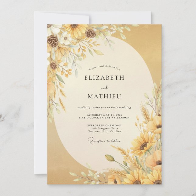 Convites Casamento de Girassol Dourado Eucalipto (Frente)