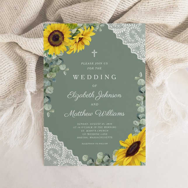 Convites Casamento de Girassol em Lugar Verde e Cruz Religi (Religious Cross Sage Green Lace Sunflower Wedding Invitation)