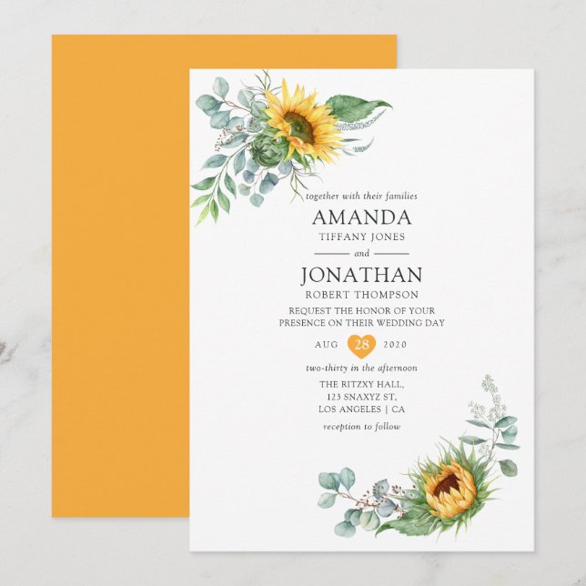Convites Casamento de Girassol Eucalipto Boho (Frente/Verso)