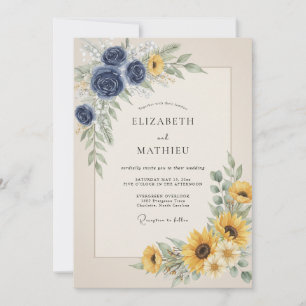 Convites Casamento de Girassol Eucalipto Dourado Índigo