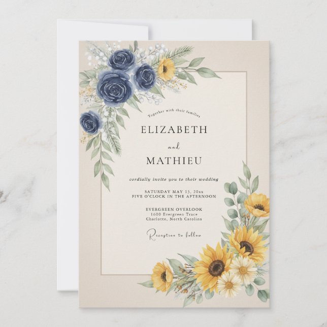 Convites Casamento de Girassol Eucalipto Dourado Índigo (Frente)