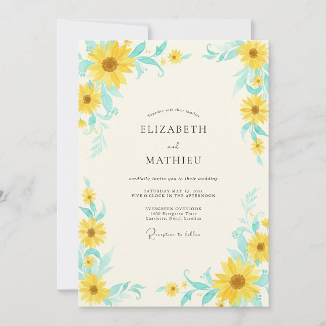 Convites Casamento de Girassol Eucalipto Turquesa Amarelo (Frente)