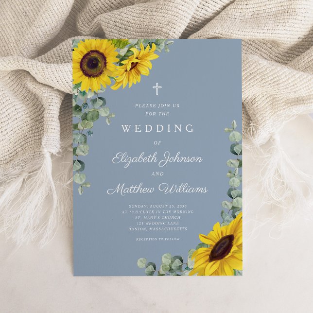 Convites Casamento de Girassol Floral Azul com Derrame Reli (Religious Dusty Blue Floral Sunflower Wedding Invitation)