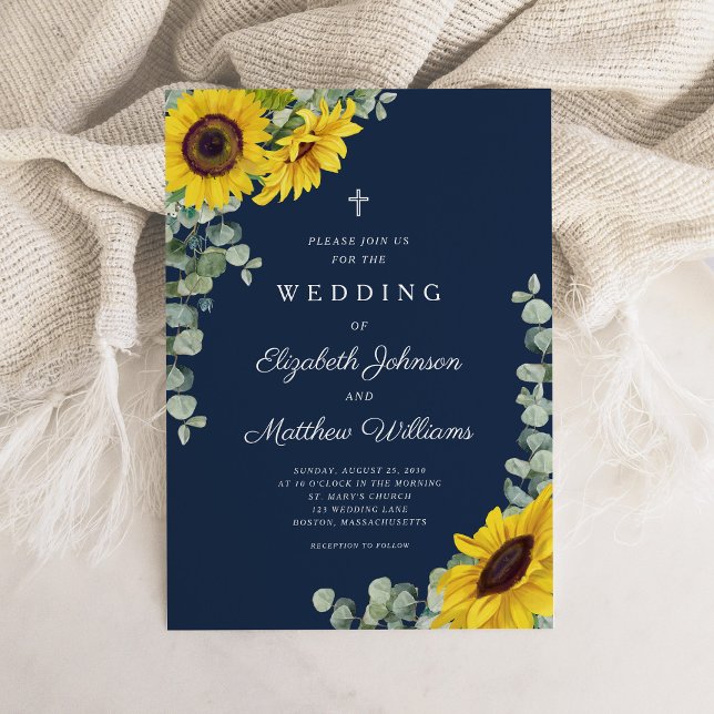 Convites Casamento de Girassol Floral Azul, Marinho Religio (Religious Navy Blue Floral Sunflower Wedding Invitation)