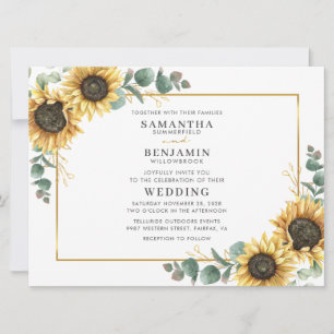 Convites Casamento de Girassol Floral e Folhagem de Eucalip