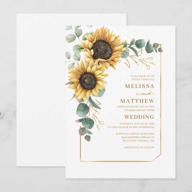 Convites Casamento de Girassol Floral Eucalipto Verde (Frente/Verso)