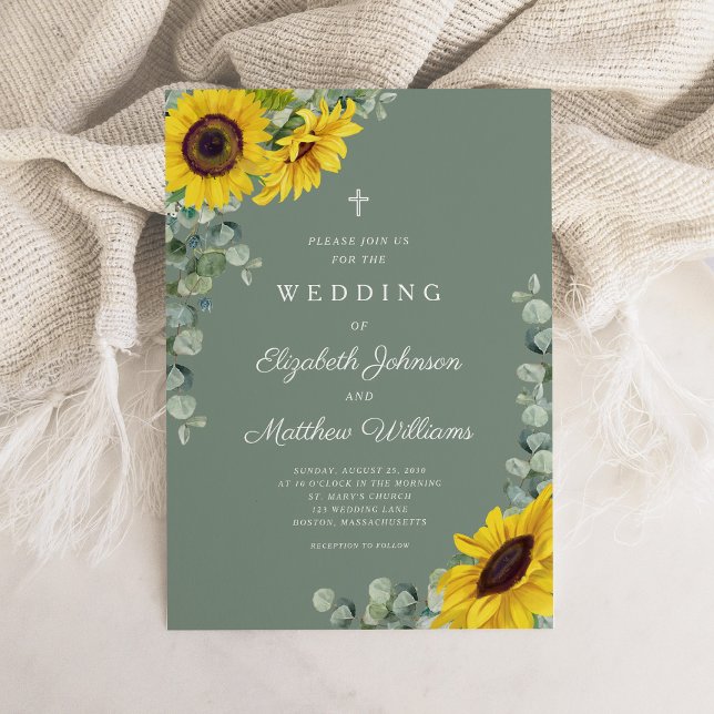 Convites Casamento de Girassol Floral Verde Sage Religioso (Religious Sage Green Floral Sunflower Wedding Invitation)