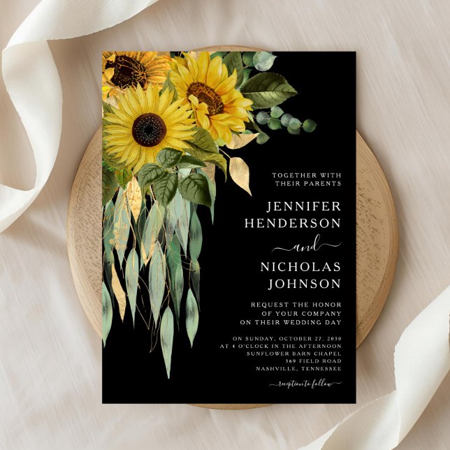 Convites Casamento de Girassol Negro Moderno (Modern Black Sunflower Wedding Invitation)