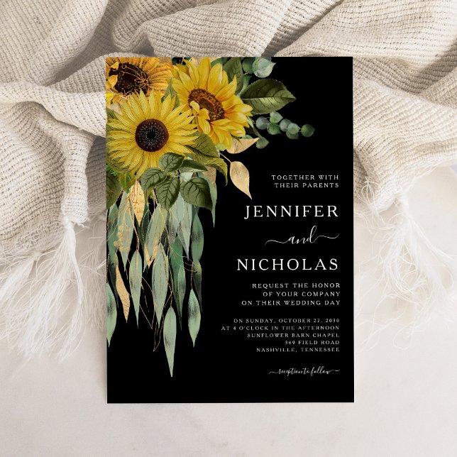 Convites Casamento de Girassol Negro Moderno (Modern Black Sunflower Wedding Invitation)